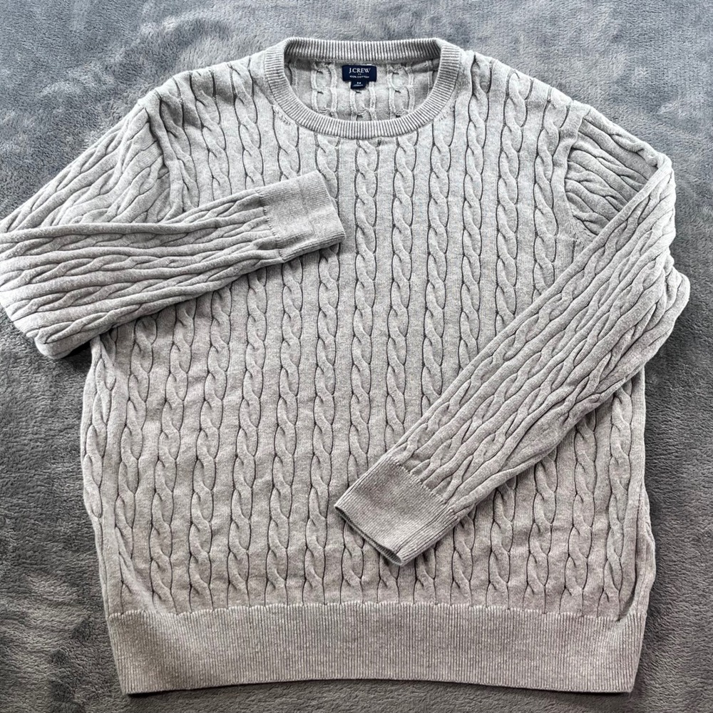 J.Crew Mens Gray 100% Cotton Cable Knit Crew Neck Sweater Size M